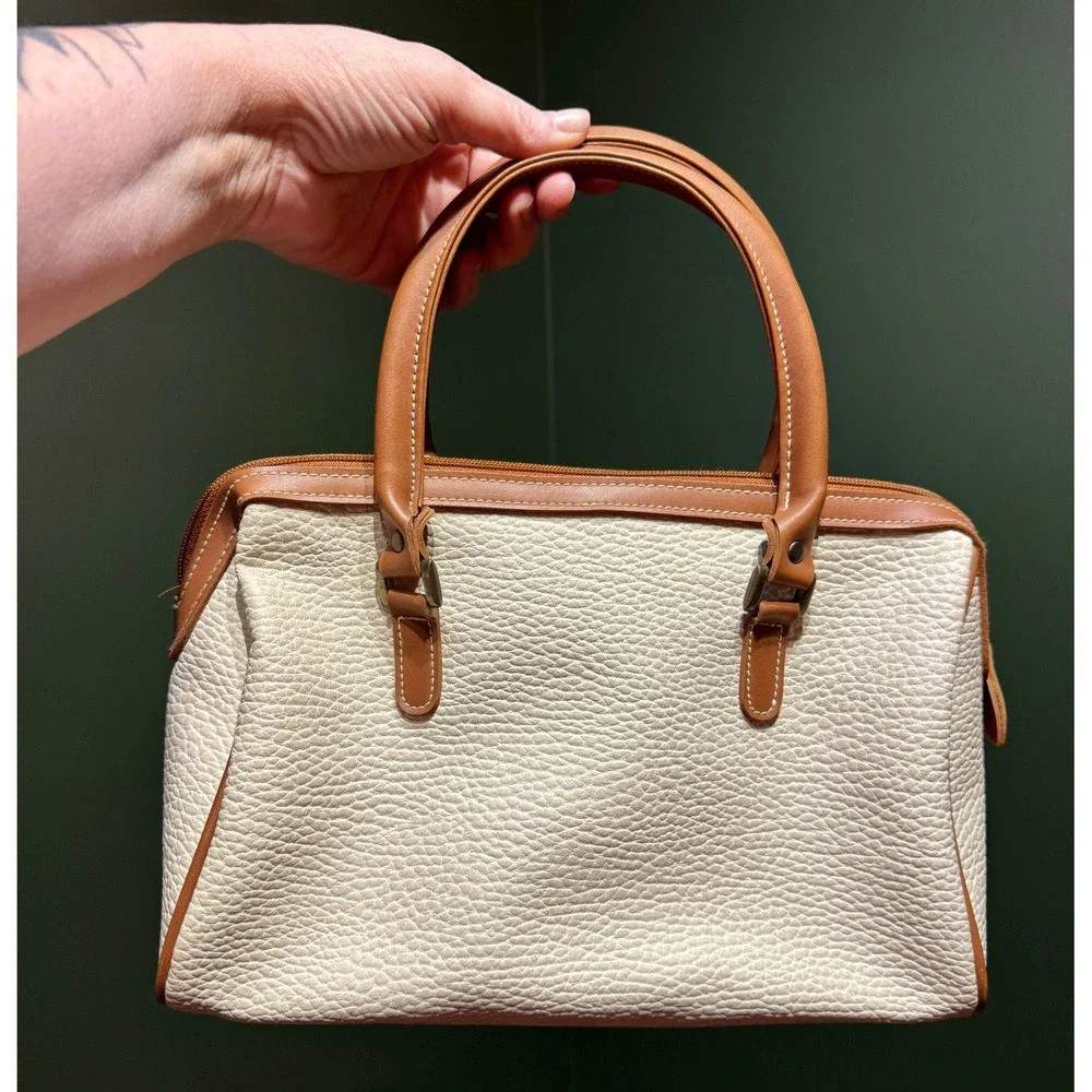 Esprit Cream Pebble Grain Satchel Bag Tan Leather Trim Top Handle - Picture 2 of 10